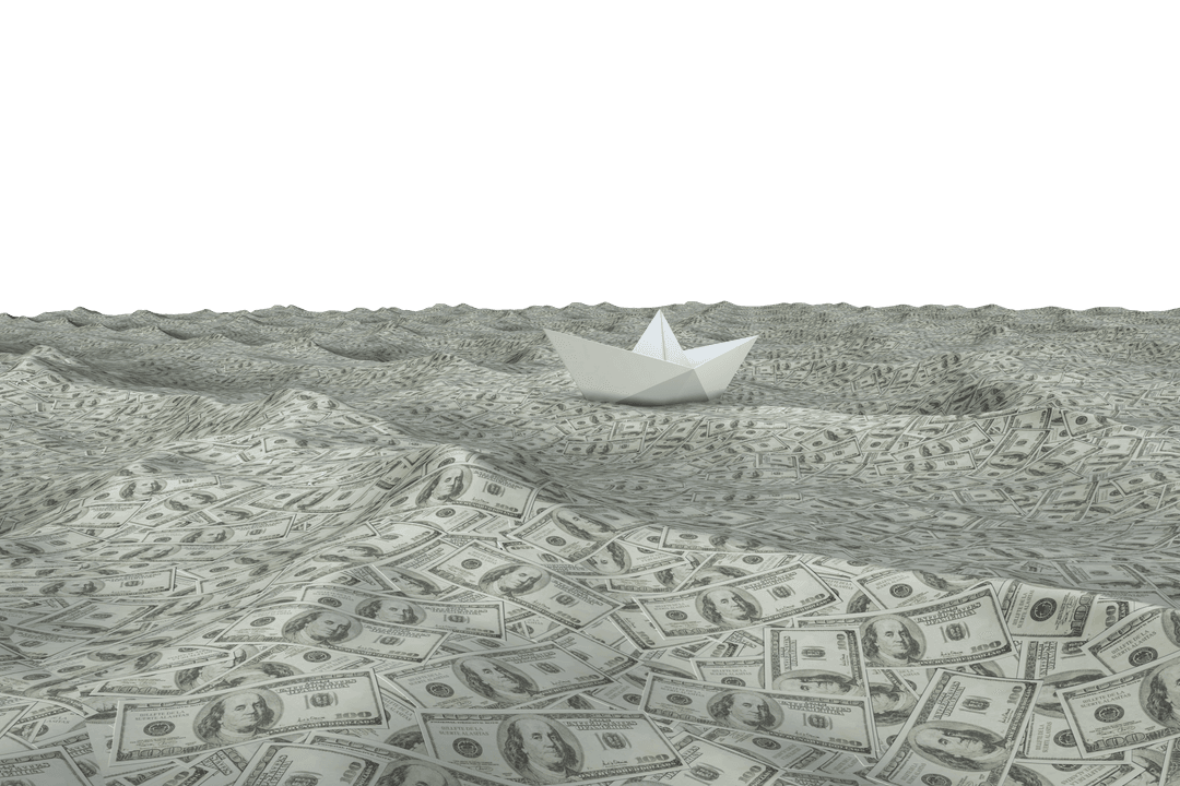 Paper Boat Sailing on Ocean of Transparent US Dollars