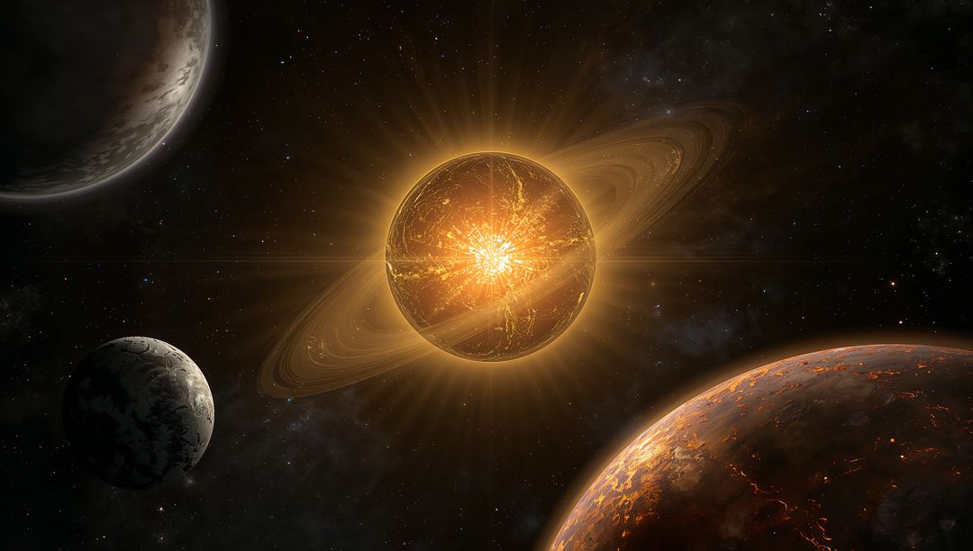 Radiant Ringed Star with Orbiting Planets in Deep Space