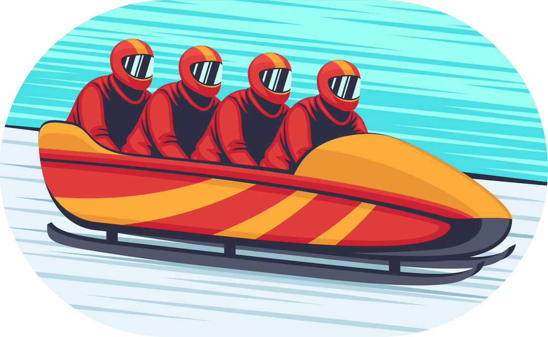 Team Bobsled Racing on Icy Track in Flat Style Illustration with Transparent Background