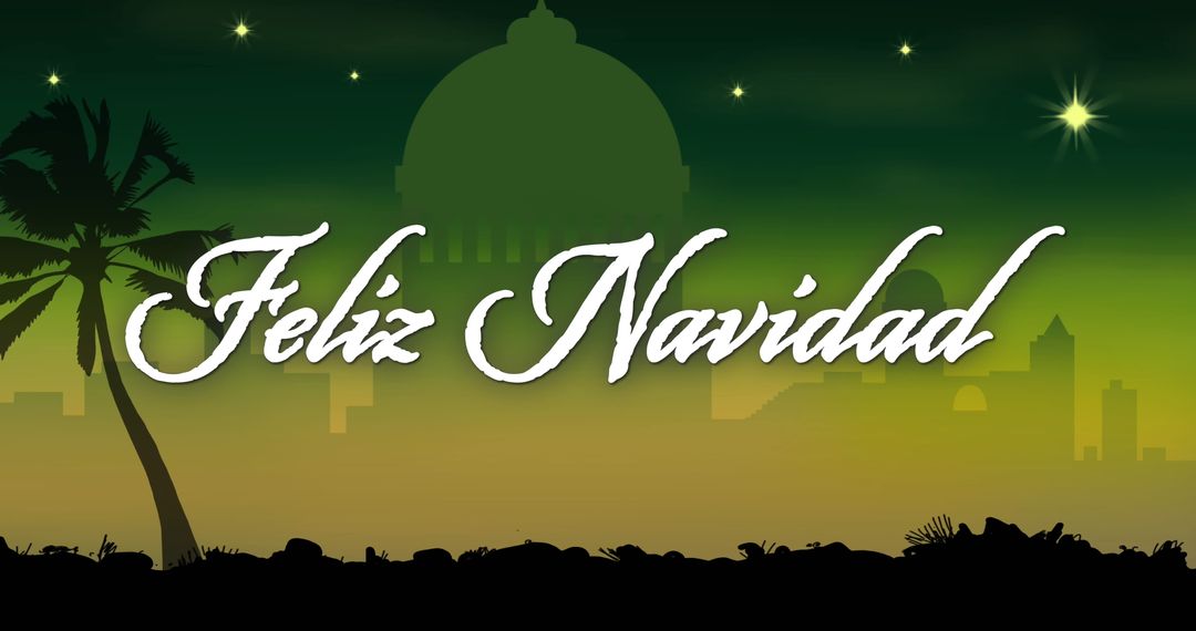 Feliz Navidad Text on Green Christmas Cityscape Background