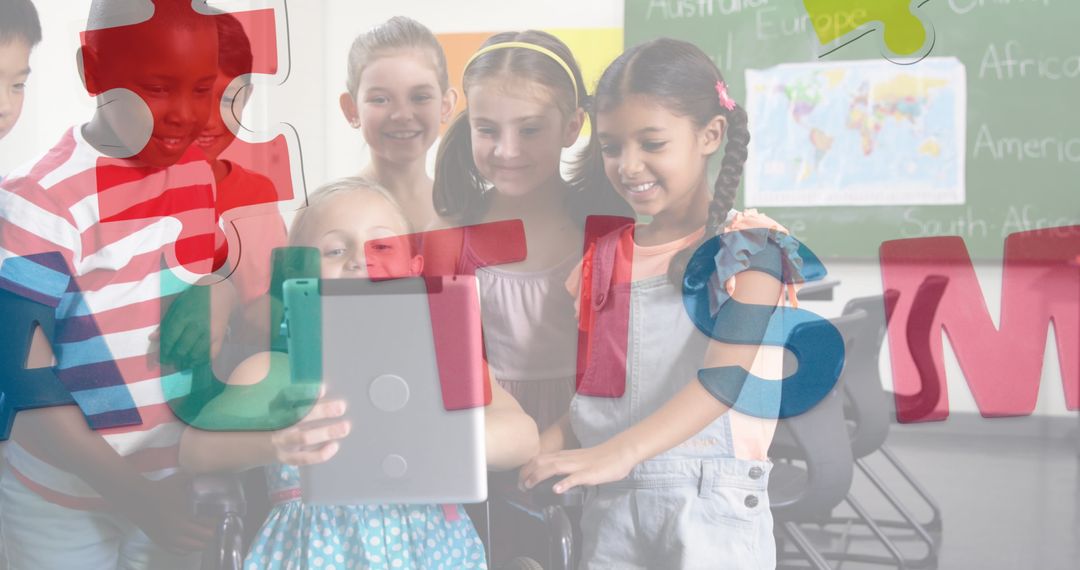 Diverse Children Collaborating with Tablet in Educational Setting