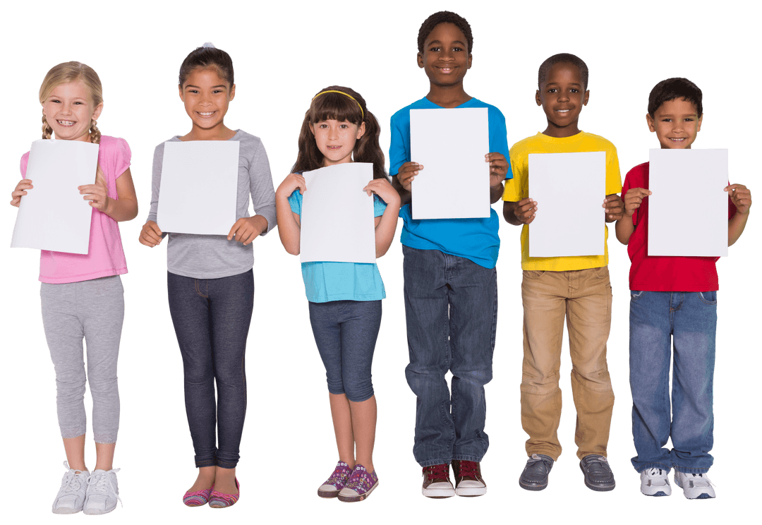 Diverse Children Holding Blank Signs on Transparent Background