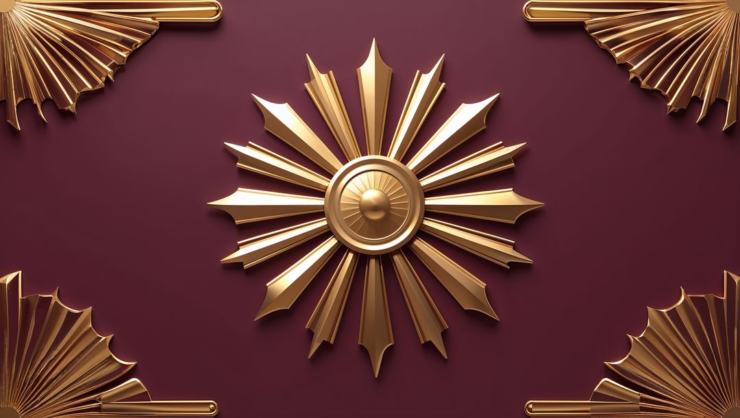 Golden Radial Rosette on Maroon with Intricate Fan Ornaments