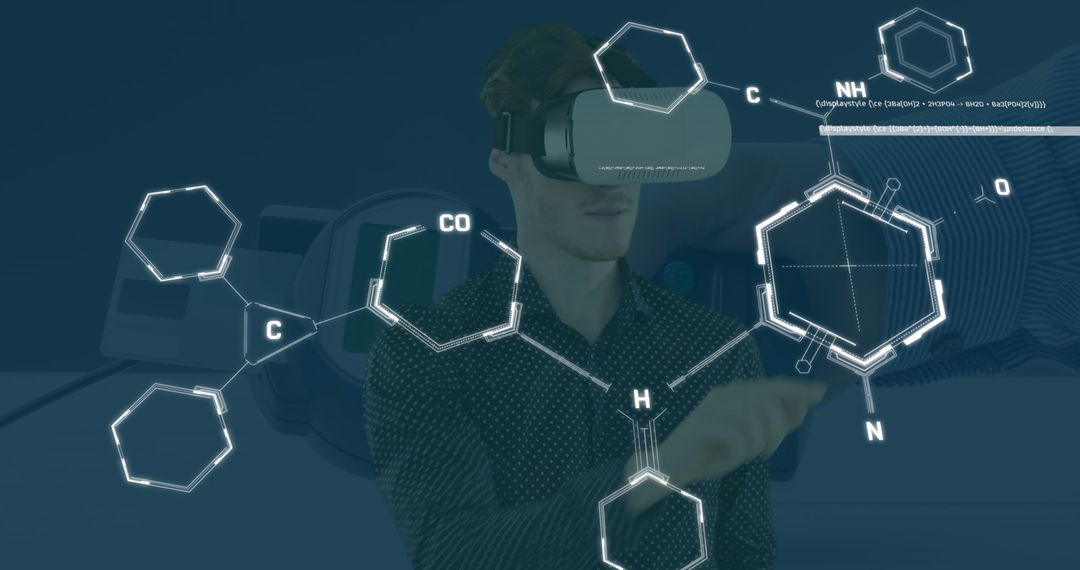 Man Using VR Headset with Chemical Equations Overlay