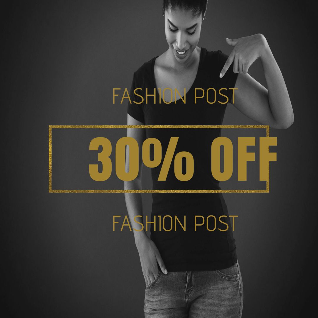 Chic Fashion Sale Announcement with Smiling Woman Highlighting Discount