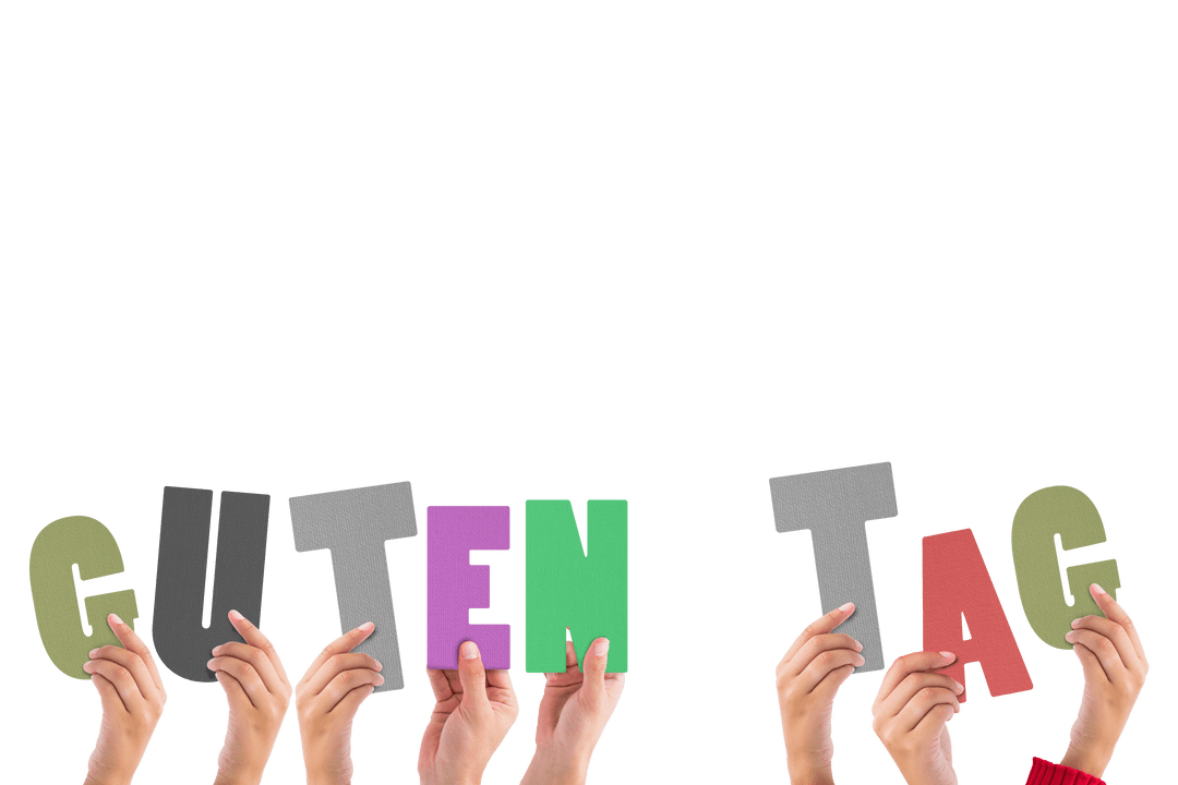 Hands Holding Greeting 'Guten Tag' on Transparent Background Illustration