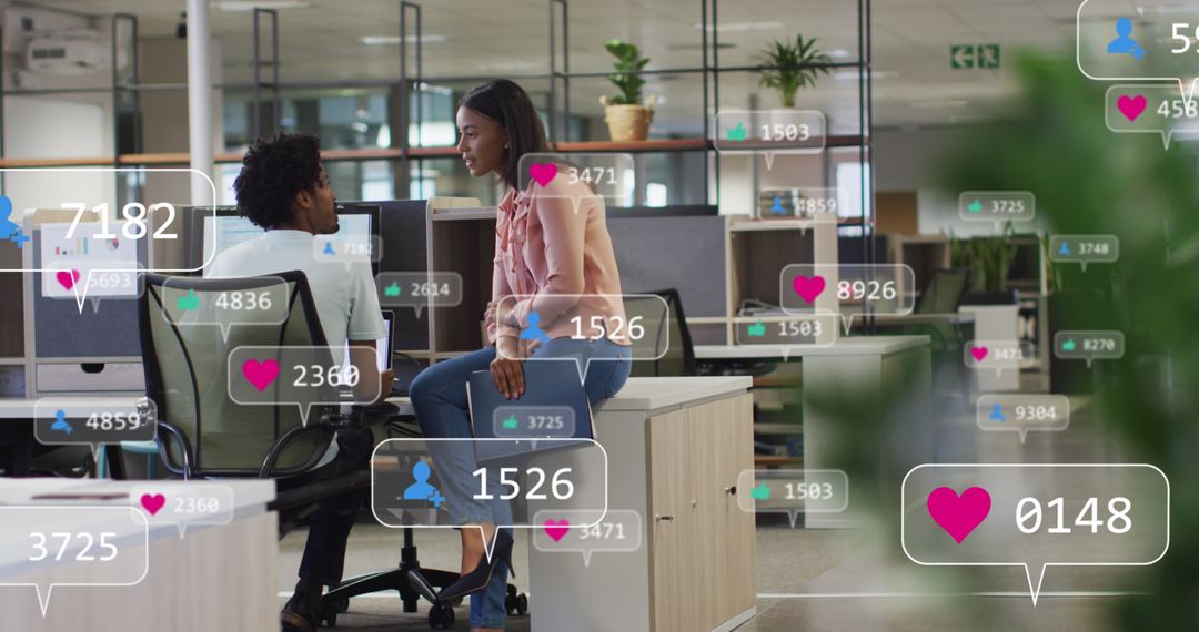 Coworkers Collaborating in Modern Office with Social Media Overlays