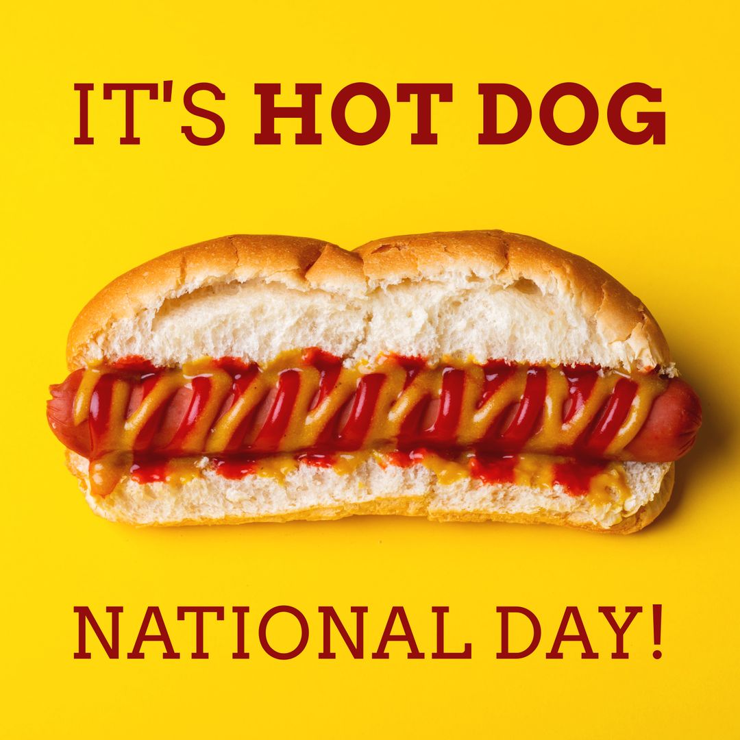 Hot Dog National Day Celebration Poster with Ketchup and Mustard on Yellow Background - Download Free Stock Templates Pikwizard.com