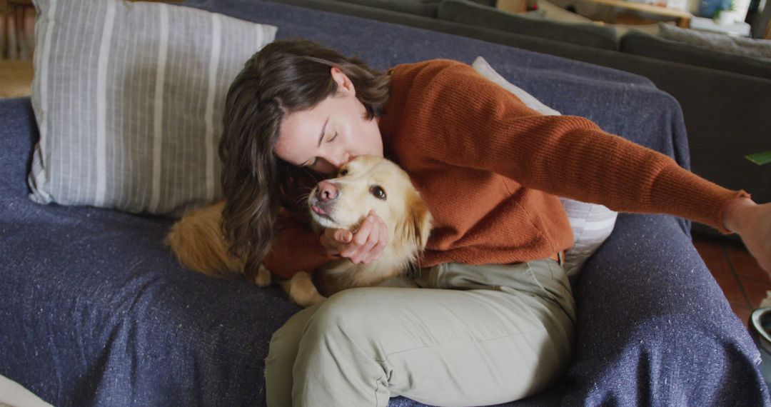 Smiling caucasian woman taking selfie with smartphone and stroking her pet dog at home - Free Images, Stock Photos and Pictures on Pikwizard.com