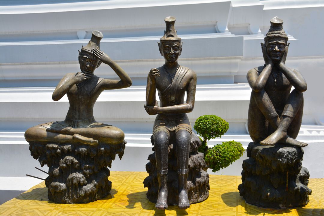 Three Bronze Statues of Buddhist Figures Representing See No Evil, Hear No Evil, Speak No Evil - Free Images, Stock Photos and Pictures on Pikwizard.com