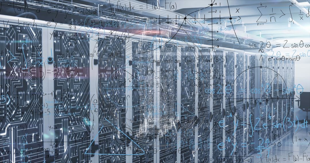 Digital Interface with Server Room Overlayed with Equations