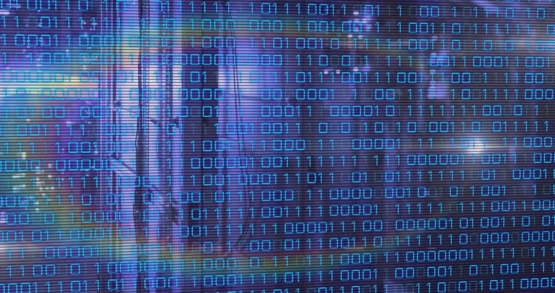 Futuristic Neon Display with Streaming Binary Code on Monitor