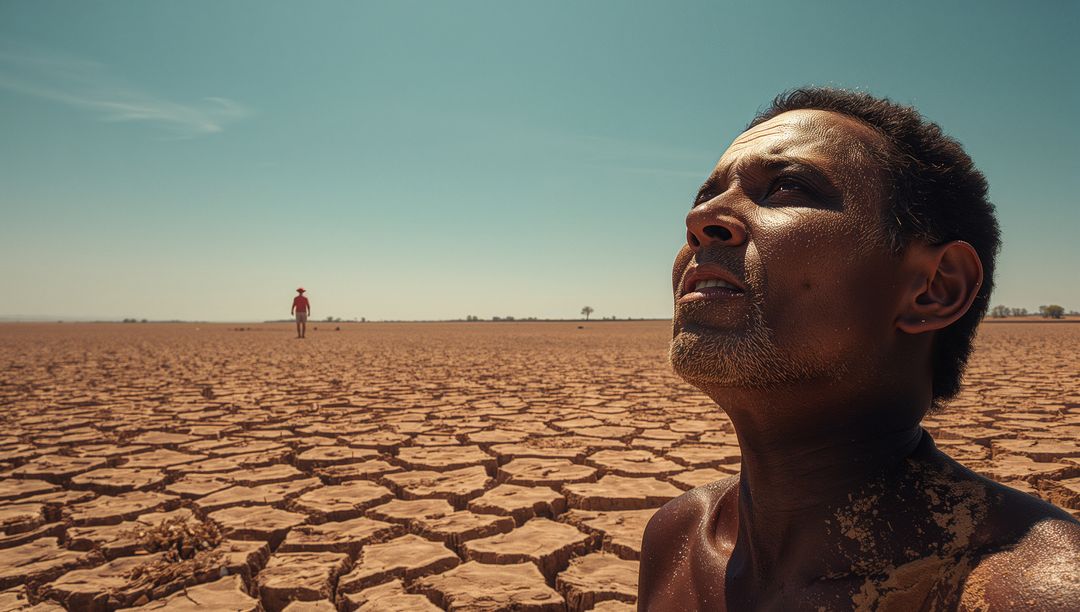 Man Gazing Skyward on Parched Desert Landscape