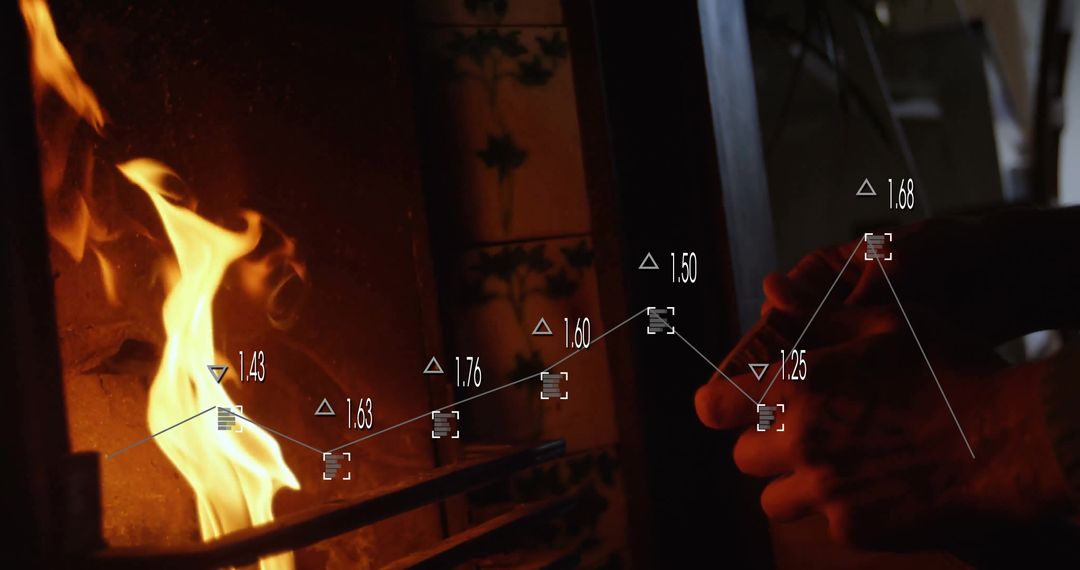 Hands Adjusting Fire Poker with Graph Overlay Near Cozy Fireplace