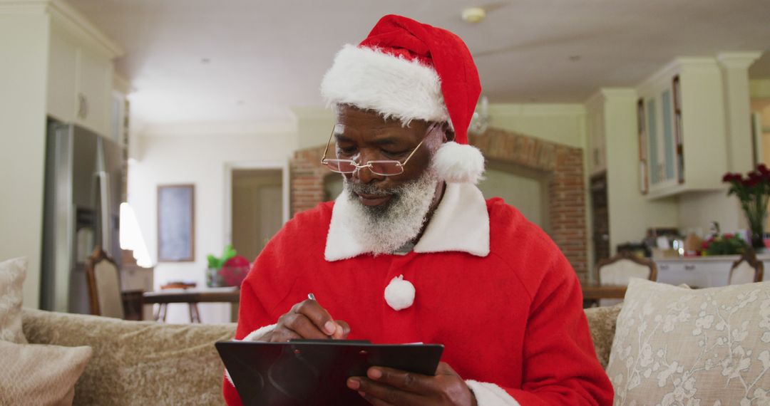 African American Senior Man Dressed as Santa Claus Writing on Clipboard at Home - Free Images, Stock Photos and Pictures on Pikwizard.com