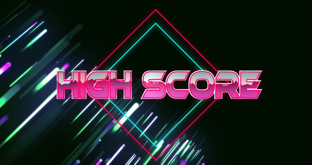Neon High Score Text with Glowing Diamond and Light Streaks