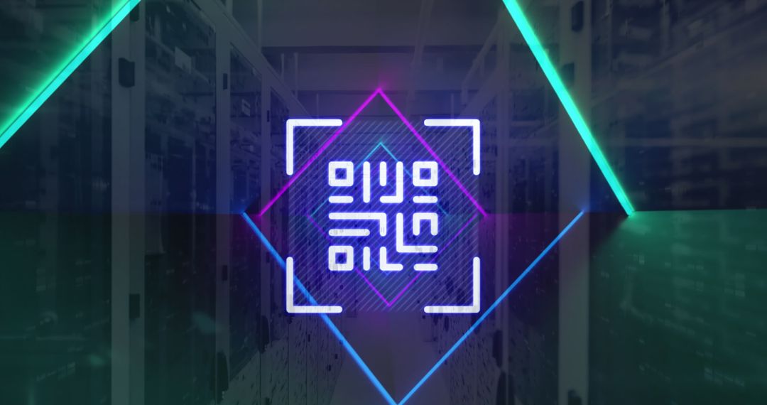 Digital qr code on neon lines in data center environment