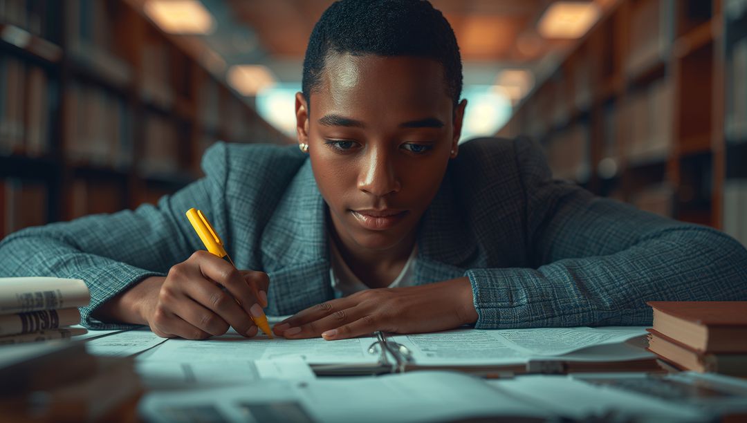 Focused Teen Student Studying in Library