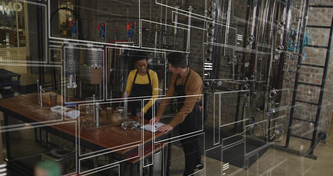 Craft Distillery Team Collaborating at Workbench, Checking Notes and Jars Near Steel Columns