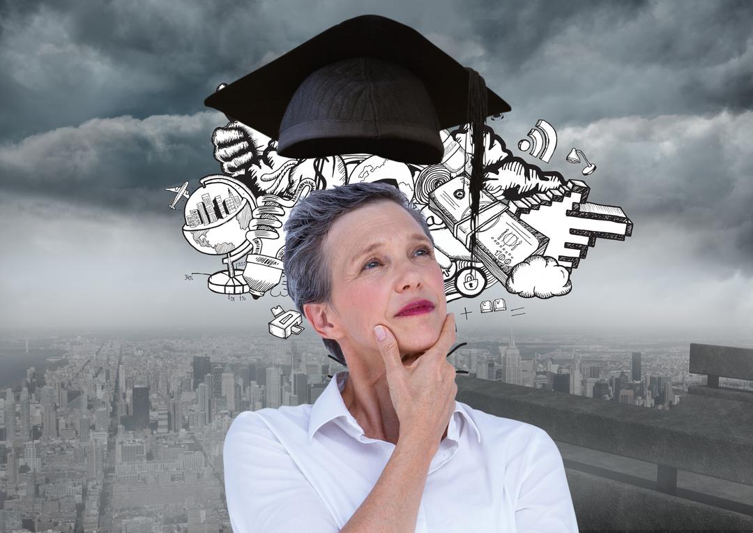 Thoughtful Female Executive with Graduation Cap and Doodles - Free Images, Stock Photos and Pictures on Pikwizard.com