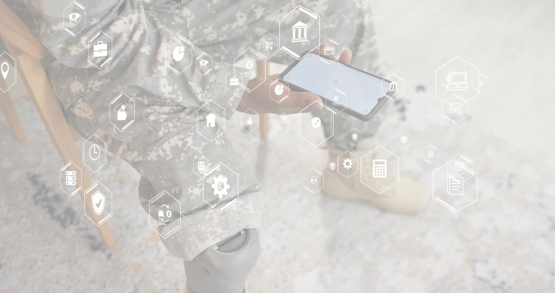 Veteran Holding Smartphone Showing Prosthetic Leg with Floating Hexagon Digital Interface