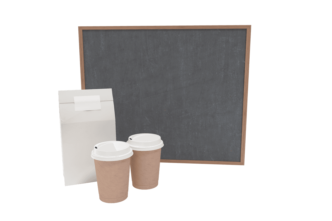 Transparent Blackboard with Lunch Bag and Coffee Cups Illustration