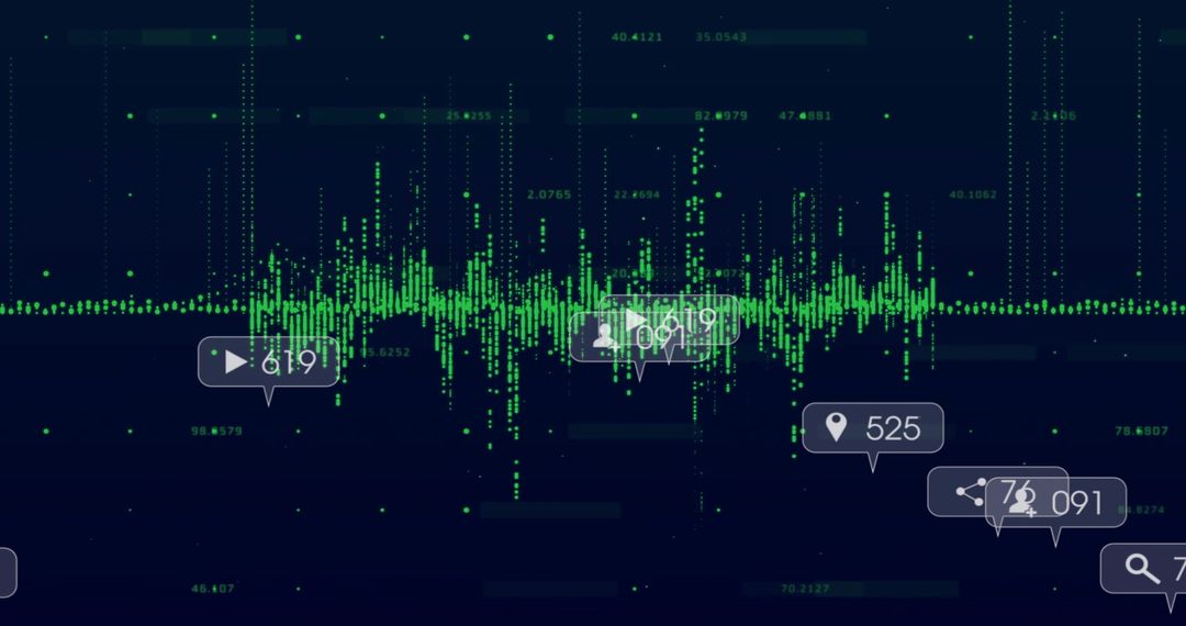 Neon Green Data Waveform Visualizing Real-Time Analytics with Interactive UI Badges