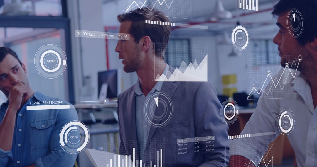 Business Professionals Analyzing Financial Data with Graphical Interface