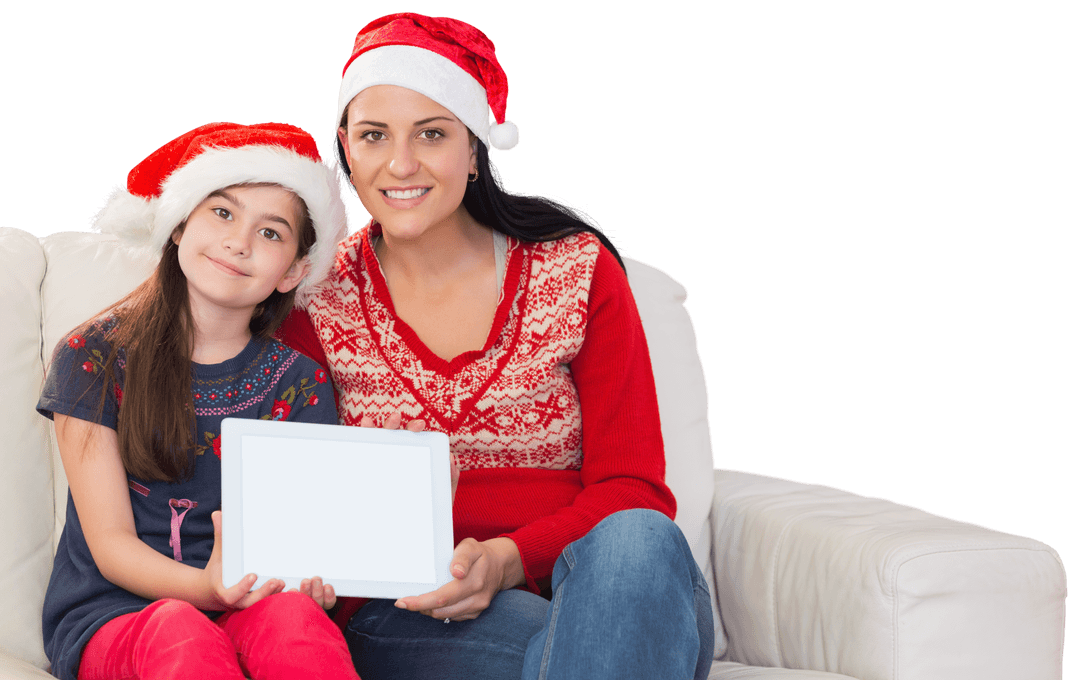 Caucasian Mother and Daughter in Santa Hats Holding Tablet, Transparent Background