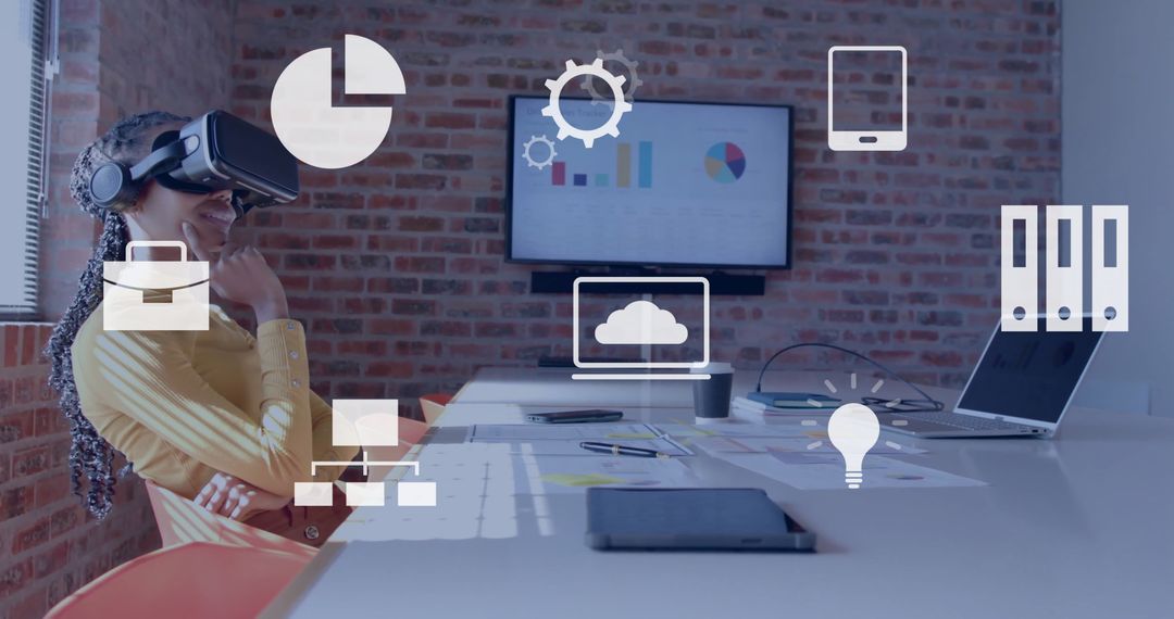 Businesswoman Experiencing Virtual Data Analysis with VR Headset