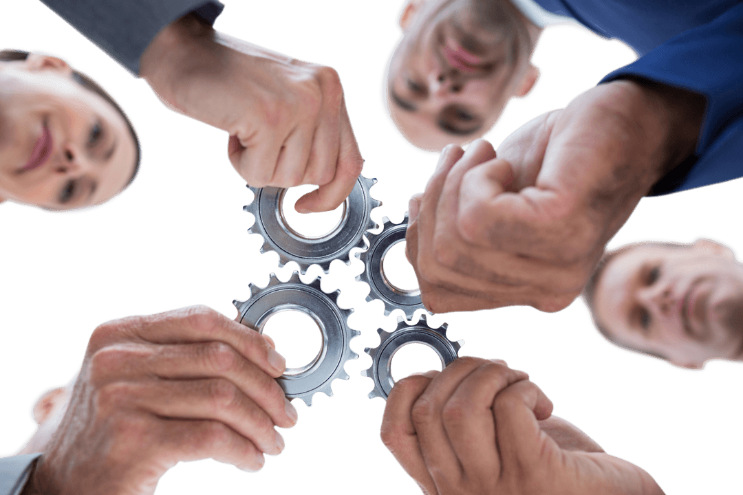Transparent Hands Holding Cogs Symbolizing Teamwork Collaboration