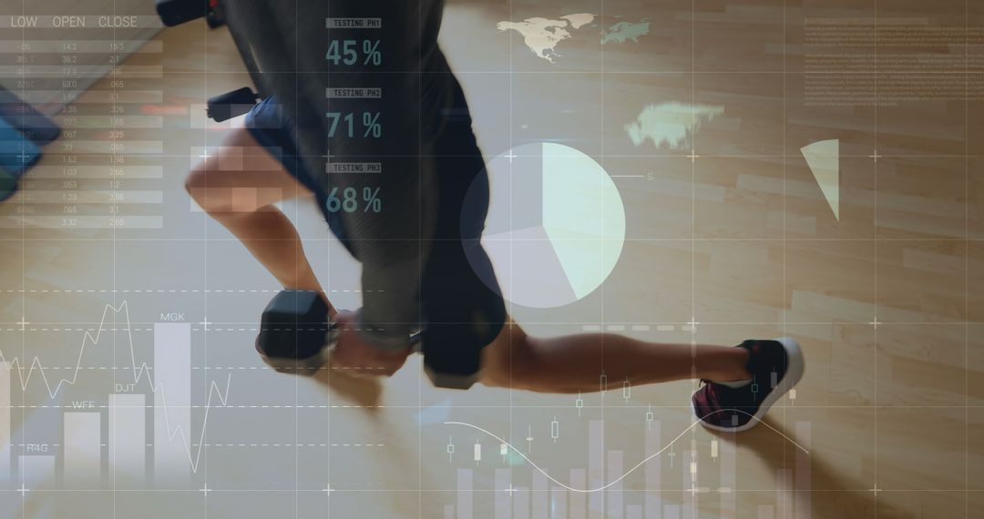 Man Running on Treadmill with Financial Data Overlays