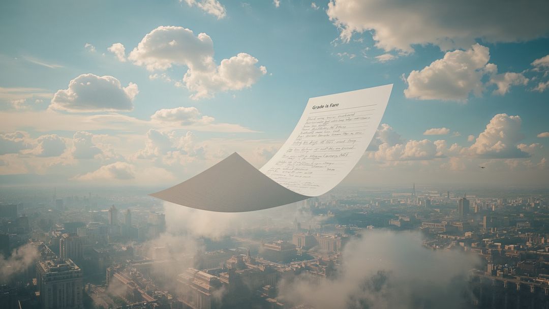 Floating Paper with Text Soaring Above Urban Cityscape with Clouds