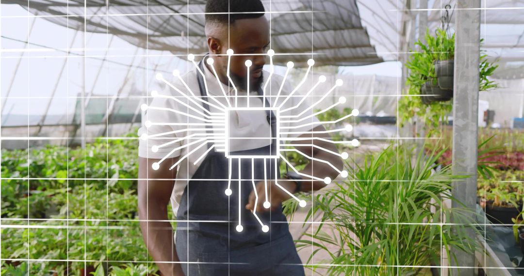 Greenhouse gardener inspecting potted plants with microchip overlay for smart agriculture
