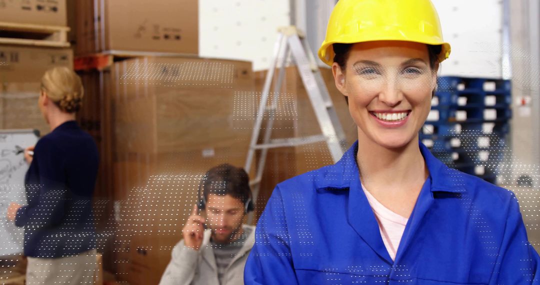 Smiling Technician in Warehouse Highlighting Logistics Management