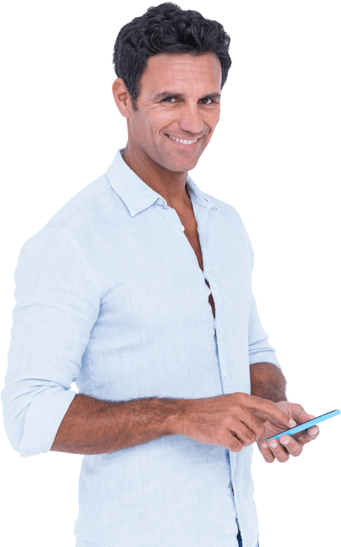 Smiling Man With Smartphone Over Transparent Background