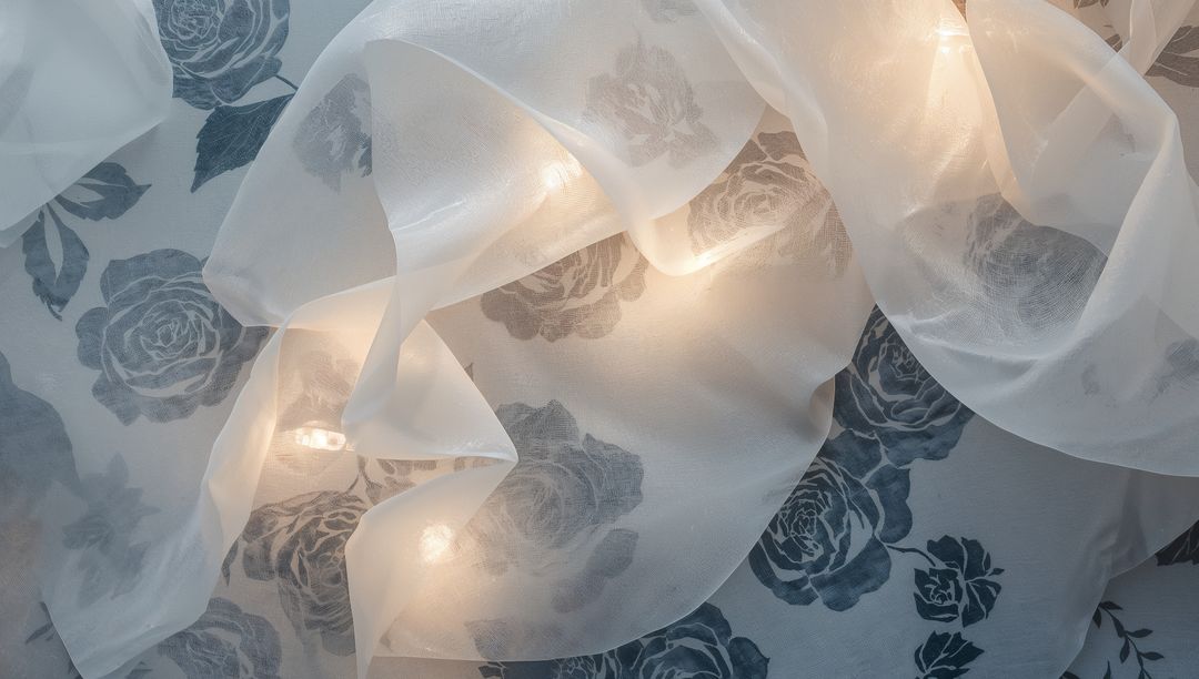 Glowing fairy lights casting soft highlights on sheer chiffon drape with gray rose print