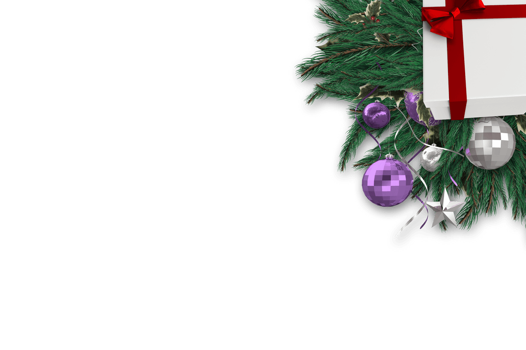 Transparent Festive Fir Wreath with Gift and Purple Baubles