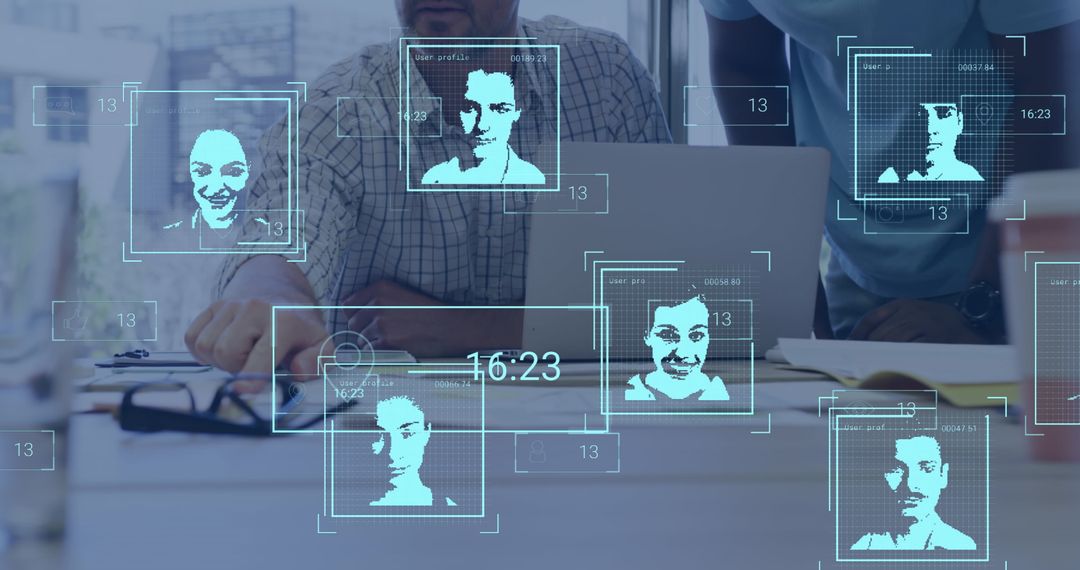 Businessworkers Analyzing Technology with Social Media Interface Overlay