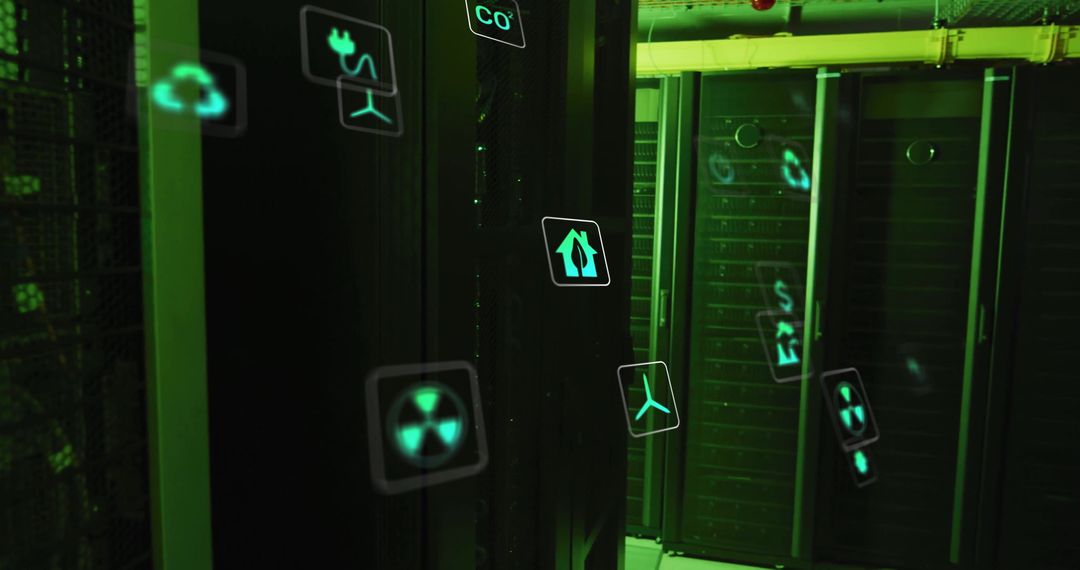 Eco-Friendly Digital Technology with Eco Icons Over Server Racks