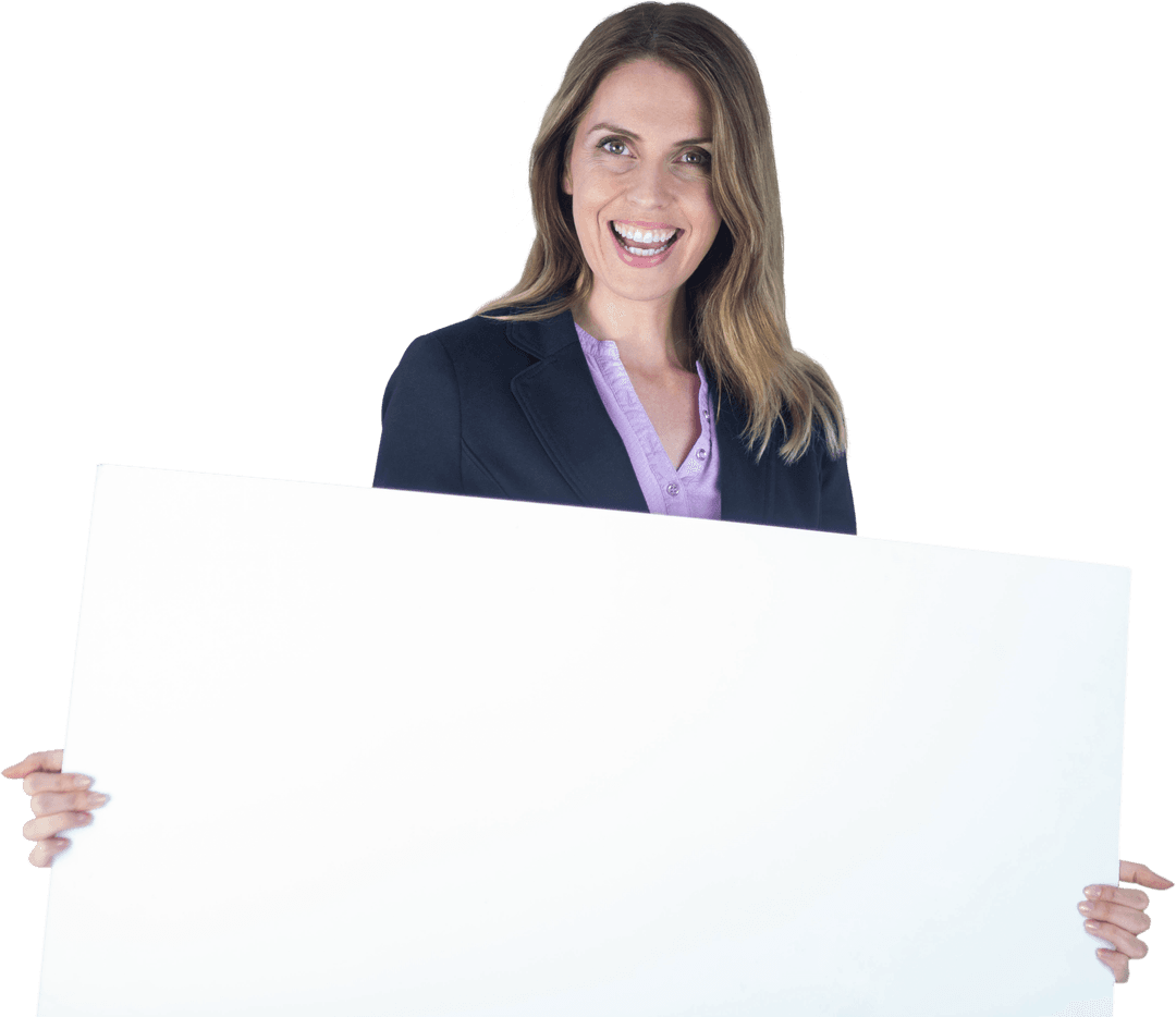 Smiling Businesswoman Holding Blank White Sign Transparent Background