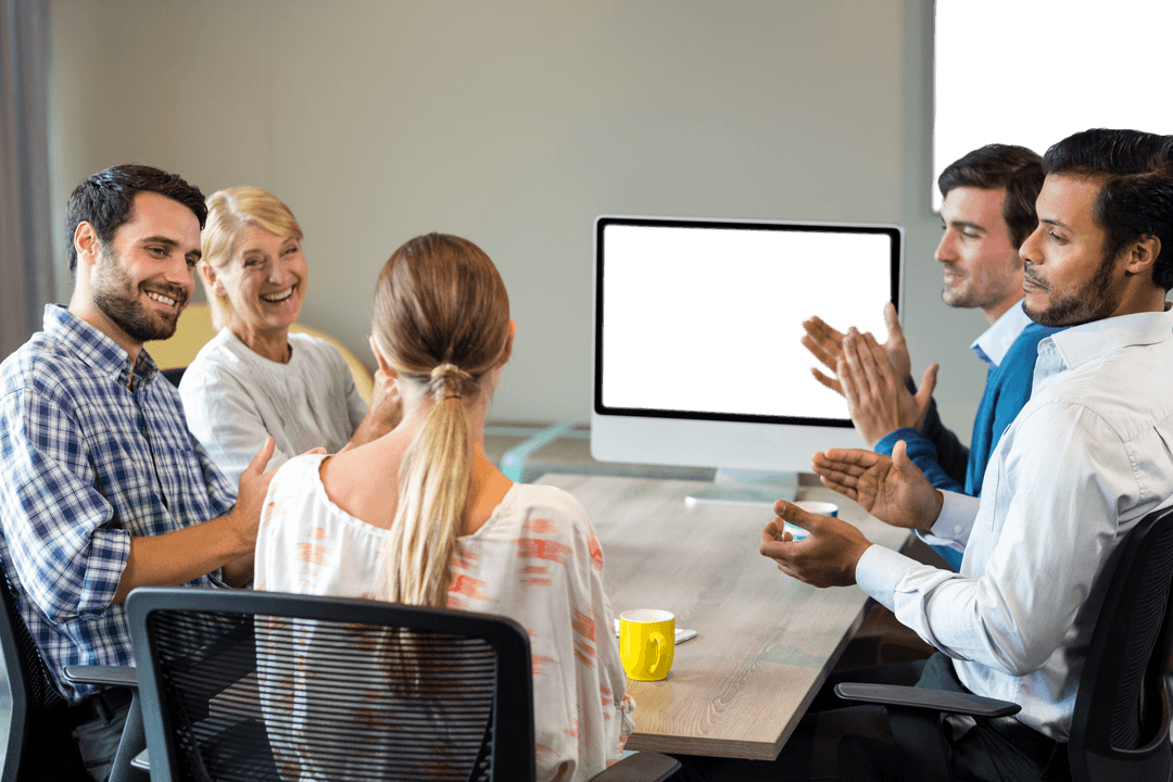 Team Applauding Businesswoman during Transparent Meeting