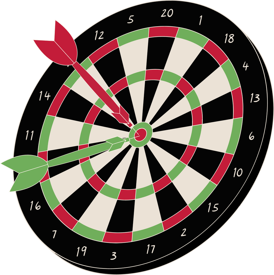 Dartboard With Two Darts Hitting Bullseye on Transparent Background