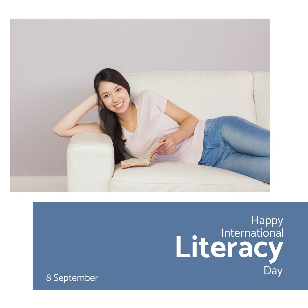Smiling Woman Relaxing with Book on International Literacy Day