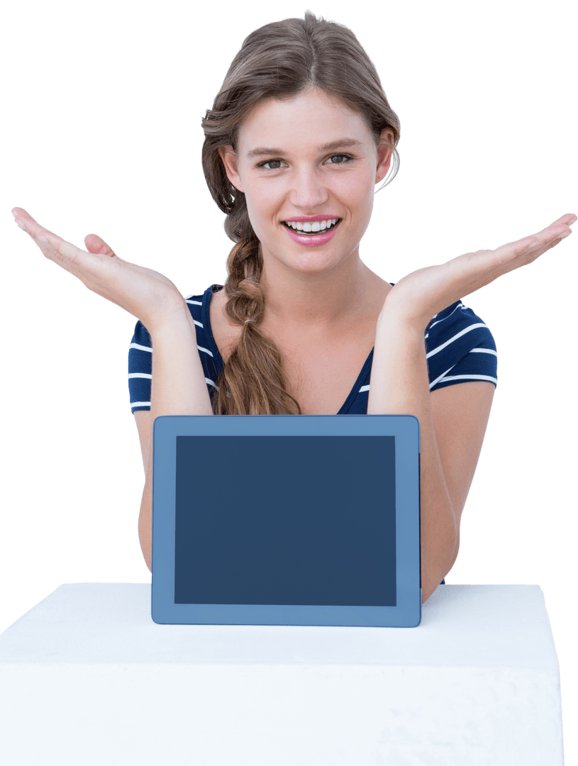 Smiling Woman with Transparent Tablet for Product Display