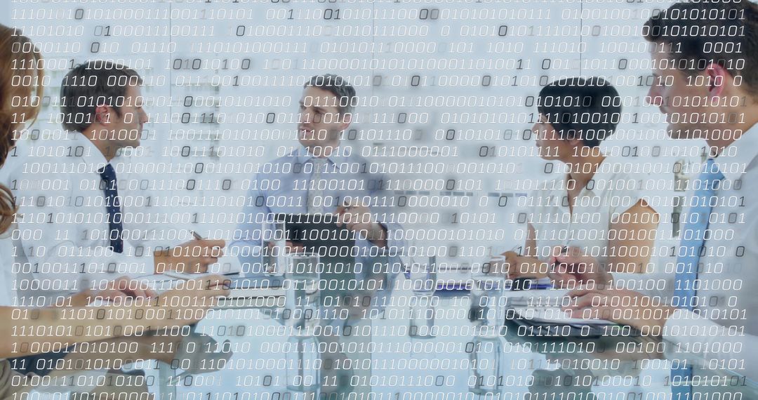 Corporate team collaborating over data with binary code overlay in modern boardroom