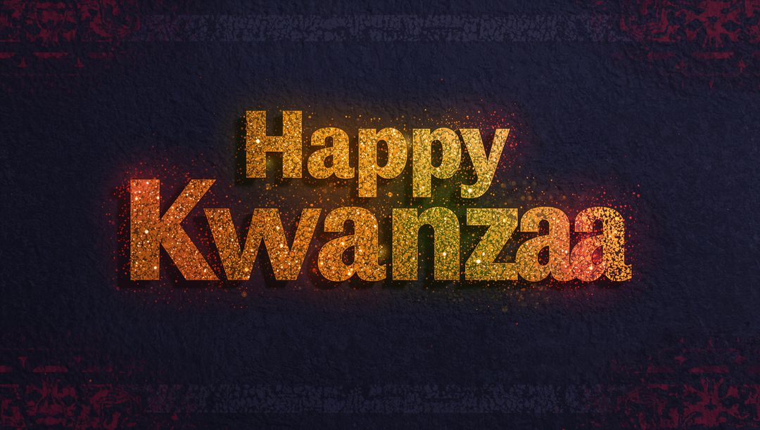 Glowing Happy Kwanzaa Text with Gold Glitter Sparkles on Dark Navy Background