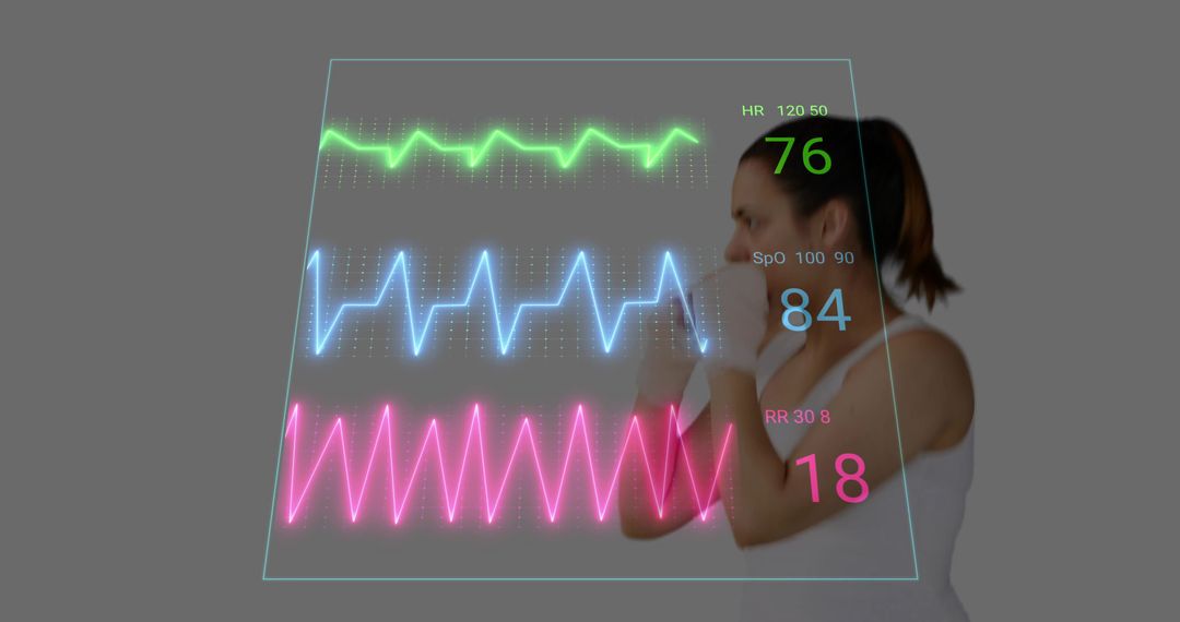 Woman Monitoring Vital Signs with Holographic Biometric Waveforms and Readouts