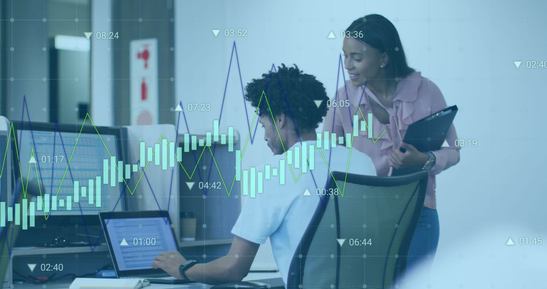 Colleagues Analyzing Financial Data in Modern Office with Double Exposure of Graphs - Free Images, Stock Photos and Pictures on Pikwizard.com