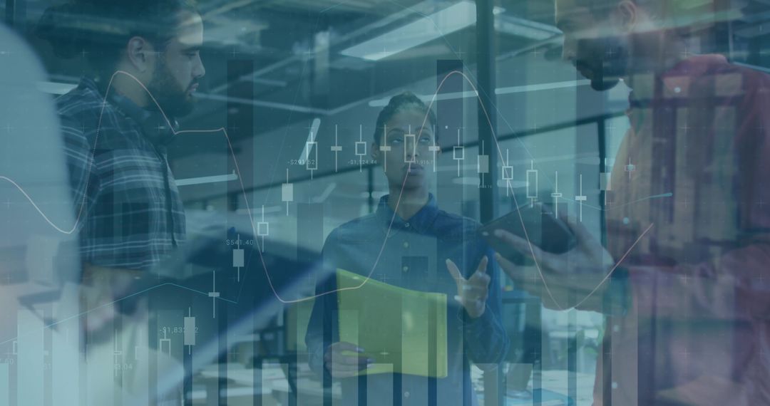 Team Discussing Strategy with Transparent Financial Charts Overlay